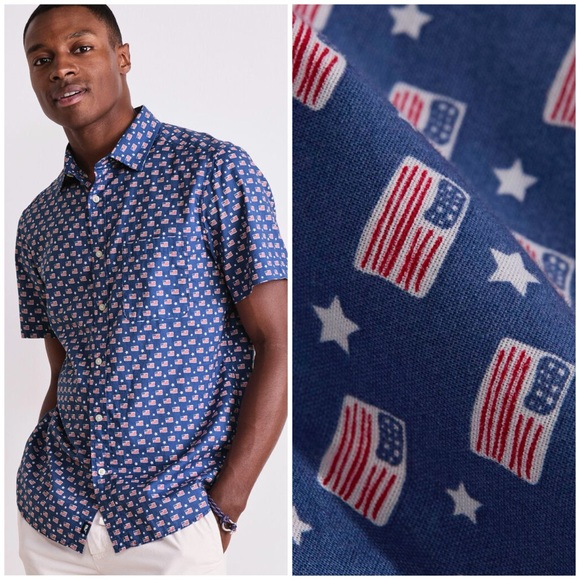 Vineyard Vines Mens Flags & Stars Cotton Madras Short-Sleeve Shirt Sz M NWT - Picture 1 of 9
